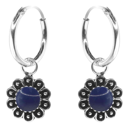 Aros De Plata 925 Argollas Con Flores Aplicación Azul