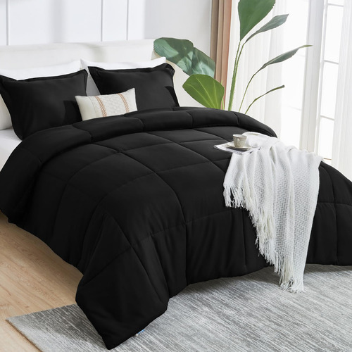 Juego De Edredón Matrimonial Negro Cama 3 Piezas Suaves