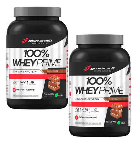 2x Whey 100% Proteína Prime Low Carb Pote 900g - Body Action Sabor Chocolate