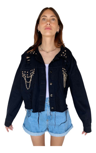 Campera Jean Rigido Mom Elastico Rotura Tacha Cadena 38 A 46