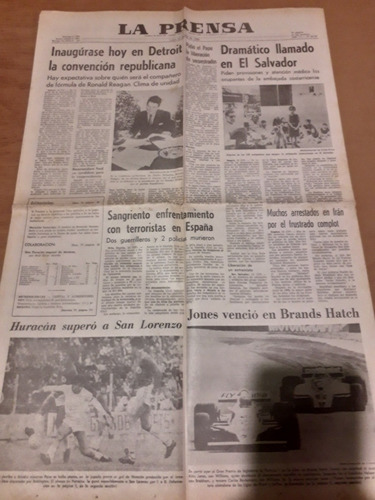 Tapa Diario La Prensa 14 07 1980 Huracán San Lorenzo Reagan (Usado)