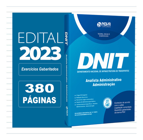 Apostila Dnit 2023 - Analista Administrativo - Administração, De Professores Especializados., Vol. Único. Editora Editora Nova Concursos, Capa Mole, Edição Oficial Em Português, 2023