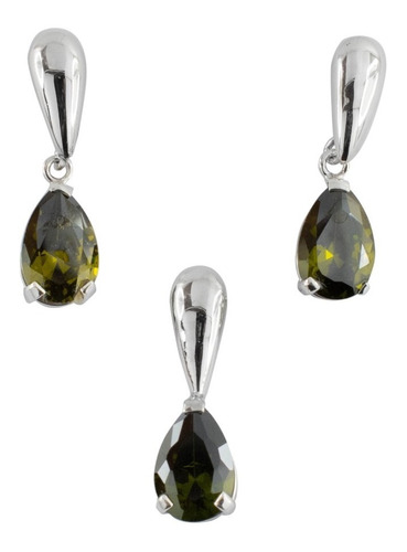 Aretes Y Dije En Plata Gota Peridot Con Cadena