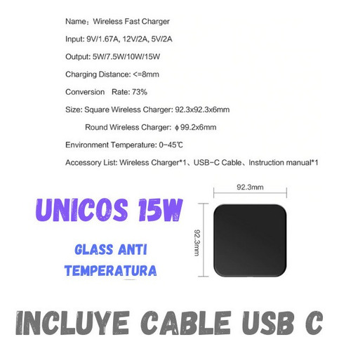 Imagen 4 de 9 de Cargador Inalambrico 15w Real iPhone X 11 12 S20 S21 Usb C