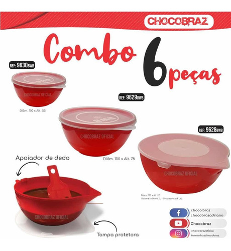 3 Derretedeira  Chocolate Bwb Vermelha P/m/g + 3 Espátulas 