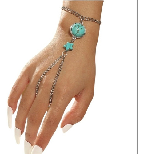 Pulsera Con Anillo Cadena Plateada Turquesa Estrella Arabe