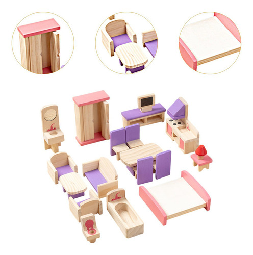 Juego De 19 Muebles De Casa De Muñecas De Madera, Modelo De