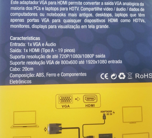 Imagem 9 de 9 de Adaptador Vga X Hdmi Full Hd 1080 Com Áudio Cabo 20cm