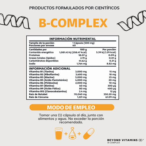 Complexo B | Além das vitaminas do complexo B | Sem sabor | Suplemento alimentar | Vitaminas B, raiz de beterraba, vitamina B12 e açafrão | 60 cápsulas