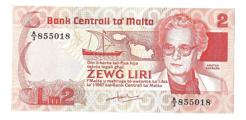 Billete Malta 2 Liras (1986) Agatha Barbara