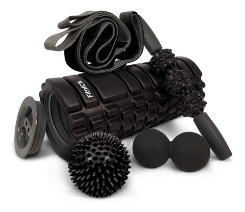 Rodillo Roller Masajeador Set 5 En 1 Ejercicio Yoga Pilates Color Negro