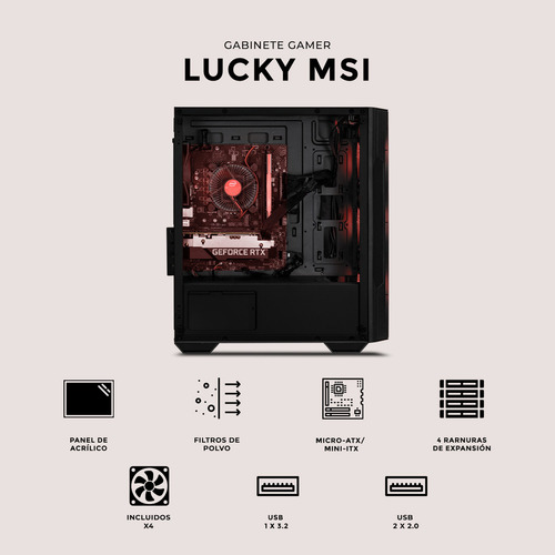 Gabinete Gamer Xtreme Pc Gaming Lucky Msi Edition Micro Torre Micro Atx 4 Fan Rgb Acrilico