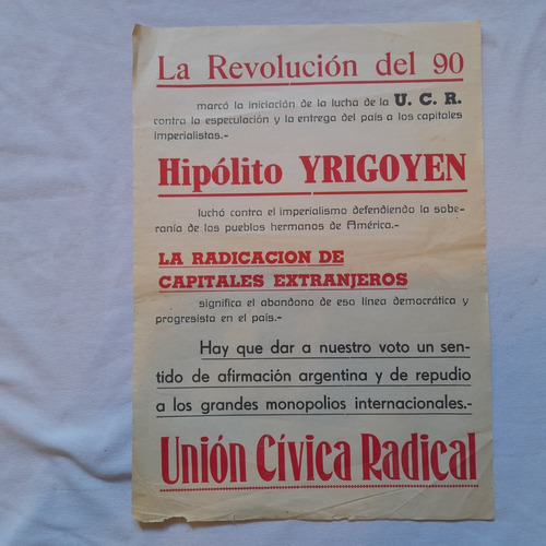 Antiguo Afiche De La Ucr, Union Civica Radical. Yrigoyen