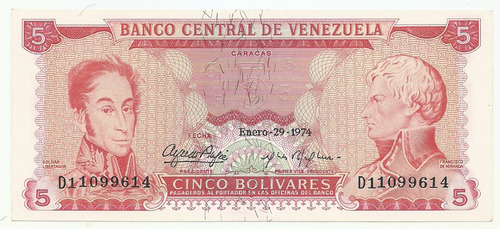 Billete Bs. 5 D8 Enero 29 1974   