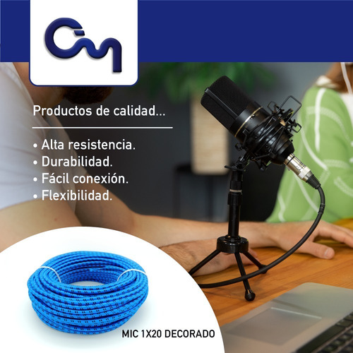 Cable Decorado Para Micrófono 2x24 Rollo Azul Con 20 Mts