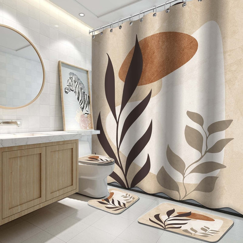 Kinuuis Juego 4 Cortina Ducha Baño Beige Marron Hoja Flor