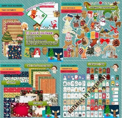 Super Pack Navideño Tags Editable + Fondos + Clipart Png