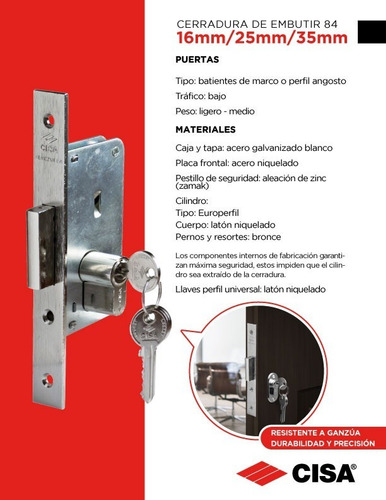 Imagen 8 de 10 de Cerradura De Embutir 84 Con 3 Llaves 35mm Cisa