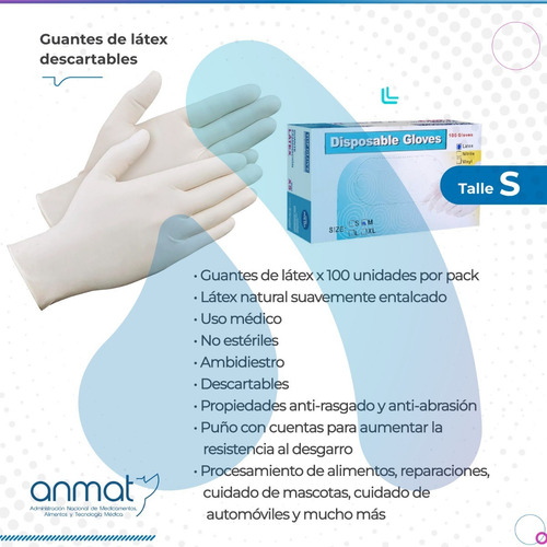 Imagen 2 de 10 de Guante De Latex Descartable X 100u Examinacion S C/ Anmat