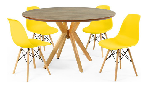 Mesa Jantar Marci Premium Natural 120cm + 4 Cadeiras Eiffel Cor Amarelo