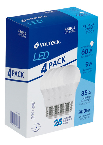 Foco Led T. Bulbo 9 W Luz De Dia 4 Pzas Voltech 46864 4 Pzs