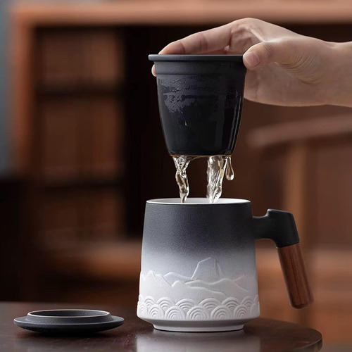 Taza Infusor De Te Filtros Para Te Infusor Con Taza Y Tapa Color Negro Con Blanco
