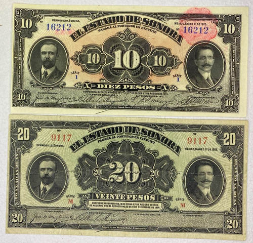 Estado De Sonora 10 Y 20 Pesos 1913 Escasos !