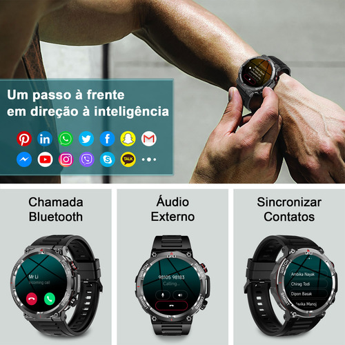 Masculino Smartwatch Relógio Inteligente Militar Smart Watch Caixa Preto Pulseira Preto Bisel Preto