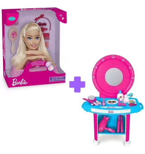 Boneca Barbie Styling Head Fala Frases Cartela De Maquiagem