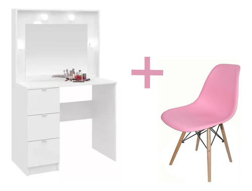 Mueble Tocador Blanco, Maquillador + Silla Rosa 