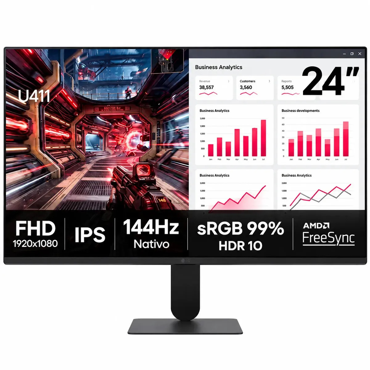 Monitor PC Gamer LG com Tela IPS 24”, 144Hz, 1ms (MBR), AMD FreeSync, HDR 10, sRGB 99%, Reader Mode, Flicker Safe, HDMI, VGA, saída de fone de ouvido - 24U411B