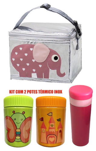 Kit 2 Pote Papinha 1 Bolsa Térmica 1 Garrafa Inox Infantil