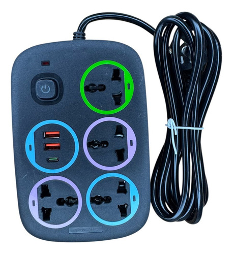 Zapatilla Con Toma Corriente Universal Cable + Puerto Usb+ C Negro