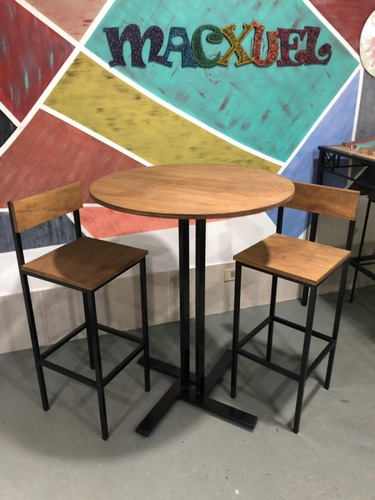 Imagen 2 de 8 de Mesa Barra Bar Alta Redonda 70cm + 2 Taburetes C/respaldo
