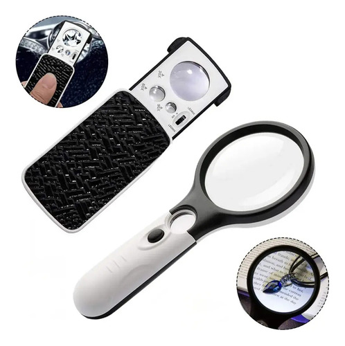 Lupa De Lectura Gran Aumento Mano De Luz Blanca Uv Led 2pzs