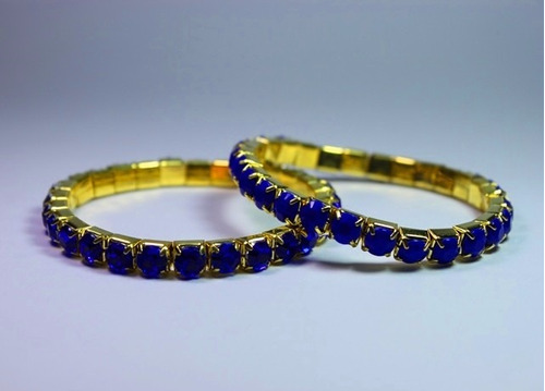 Pulseiras Femininas - Azul Pedrinhas E Argola Dourada