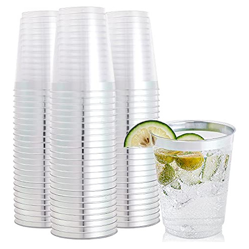100 Pack Silver Rimmed Plastic Cups 10oz Clear Plastic ...