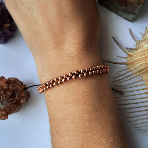 Negro Y Cobre. Pulsera Micro-macramé Con Cuentas.