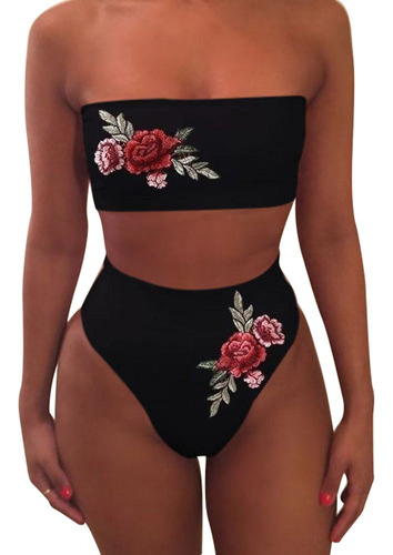 Bikini De Cintura Alta Bordado En Rosa A La Moda Para Mujer