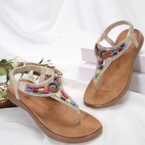 Sandalias De Fondo Plano De Estilo Étnico Con Cuentas, Banda