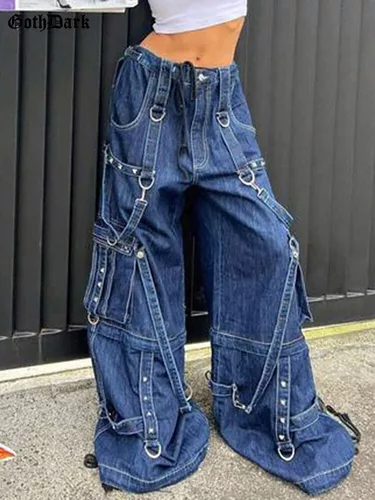 Jeans Folgados Goth Dark Cyber Y2k Punk Wide Leg Techwe