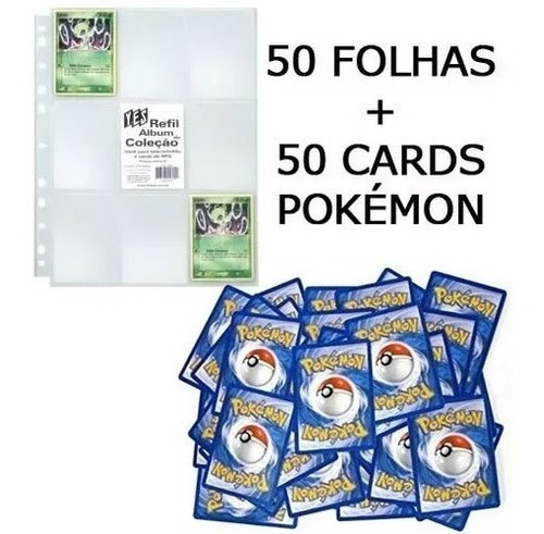 50 Folhas Plásticas Fichário Yes 11 Furos + 50 Cards Pokémon