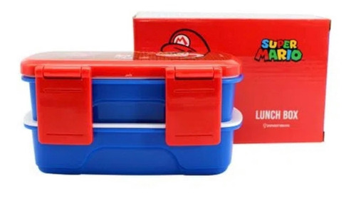 Fiambrera infantil Super Mario Bros con 2 compartimentos en la parte superior, color azul