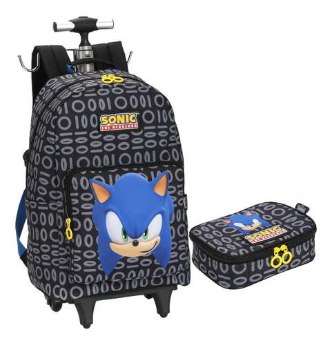 Mochila Sonic Game Rodinhas Trolley Grande Meninos + Estojo