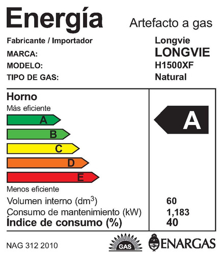 Imagen 2 de 2 de Horno A Gas Longvie H1500xf Con Grill Eléctrico De Empotrar