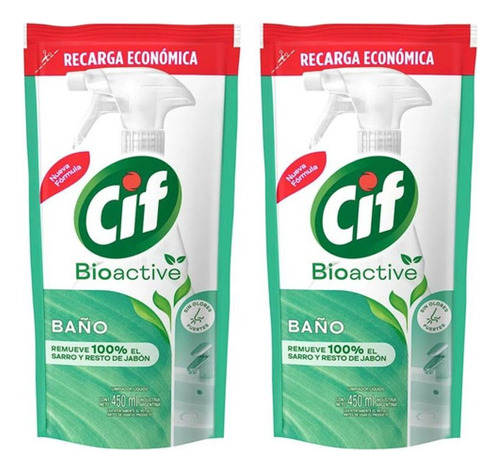 Limpiador Para Baño Cif Bioactive Repuesto 450 Ml Pack X2u