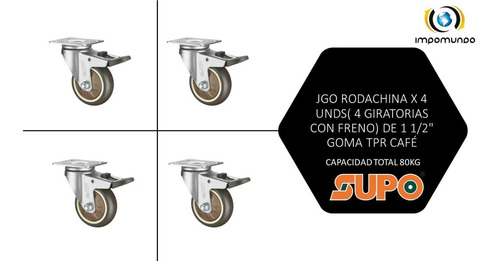 Jgo Rueda Mueble X 4 Unds Gir Freno 1 1/2 80kg Gom Tpr Cafe