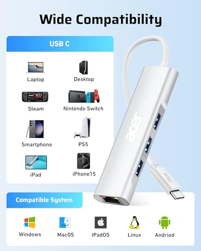 Adaptador Acer Usb C A Ethernet, Concentrador Usb C 4 En 1 C