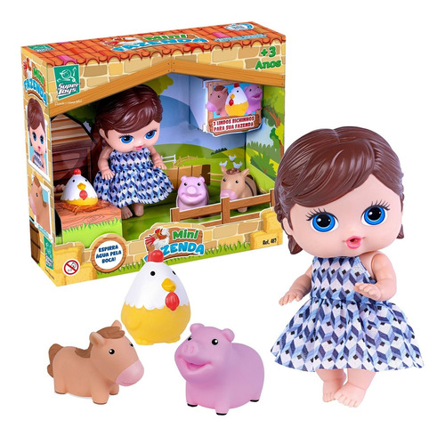 Boneca Mini Fazenda Com 3 Bichinhos Menina - Super Toys