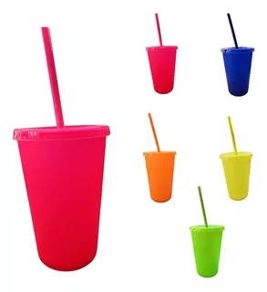 10 Vasos Plástico Reutilizables 16 Oz + Tapa Y Popote